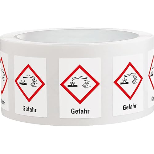 KSIGN Gefahrensymbol GHS05 Ätzwirkung, Signalwort Gefahr, Folie selbstklebend, 100x100 mm, 250 Etiketten je Rolle von KSIGN