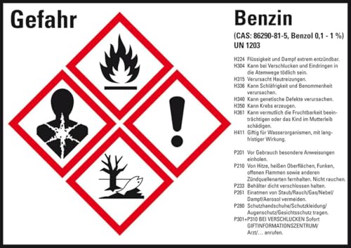 KSIGN Gefahrstoffetikett Benzin UN 1203, GefStoffV/GHS/CLP, 105x74mm, 8/Bogen von KSIGN