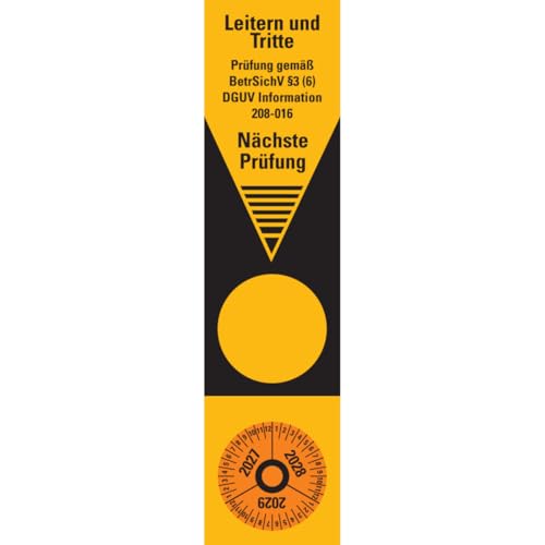 KSIGN Grundetikett Prüfung BetrSichV §3(6)/DGUV 2027–2029, gelb, ablösbare Folie, Format 50 x 200 mm, 10 Stück/Heft von KSIGN