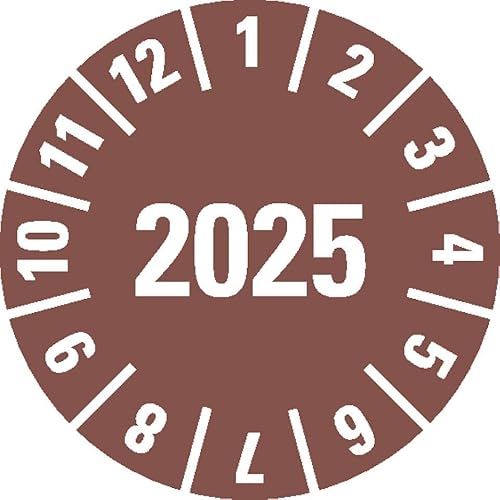 KSIGN Jahresprüfplakette 2025, ablösbare Folie, braun, Ø 15 mm, 1 Rolle = 1000 Stück, für Innen und Außen von KSIGN