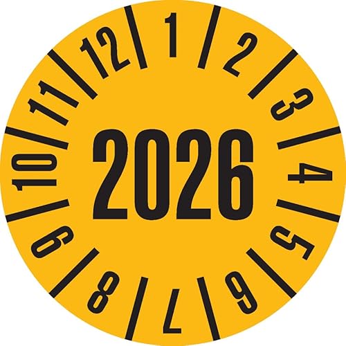 KSIGN Jahresprüfplakette 2026, selbstklebend, Dokumentenfolie, Ø 25 mm, gelb, 500 Stück je Rolle von KSIGN