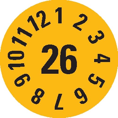 KSIGN Jahresprüfplakette 2026, selbstklebend, gelb, Dokumentenfolie, Ø 8 mm, 1 Heft = 360 Stück, Inneneinsatz von KSIGN