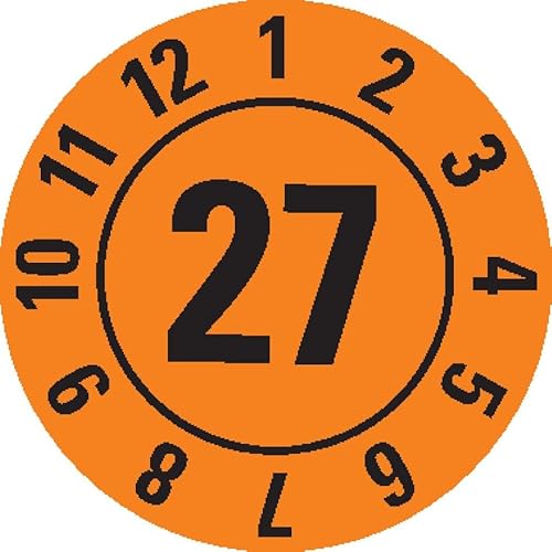 KSIGN Jahresprüfplakette 2027, orange, Dokumentenfolie, Ø10 mm, übertragungssicher, 1000 Stück/Rolle von KSIGN