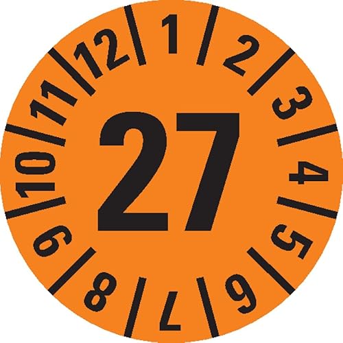 KSIGN Jahresprüfplakette 2027, orange, ablösbare Folie, Durchmesser 30 mm, Rolle à 100 Stück, für Innen & Außen von KSIGN