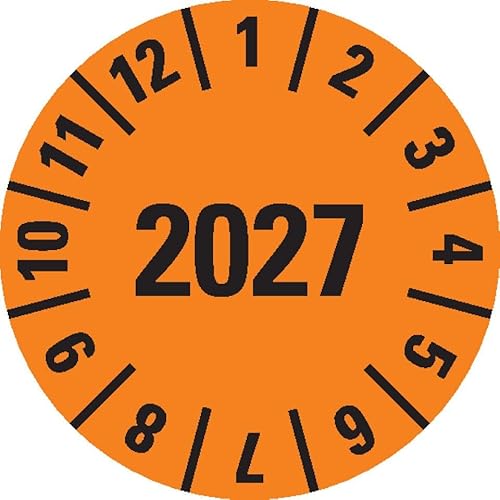 KSIGN Jahresprüfplakette 2027, selbstklebend, Dokumentenfolie, Ø 15 mm, orange, 1000 Stück je Rolle von KSIGN