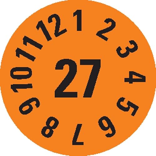 KSIGN Jahresprüfplakette 2027, selbstklebend, orange, Dokumentenfolie, Ø 8 mm, 1 Heft = 360 Stück, Inneneinsatz von KSIGN