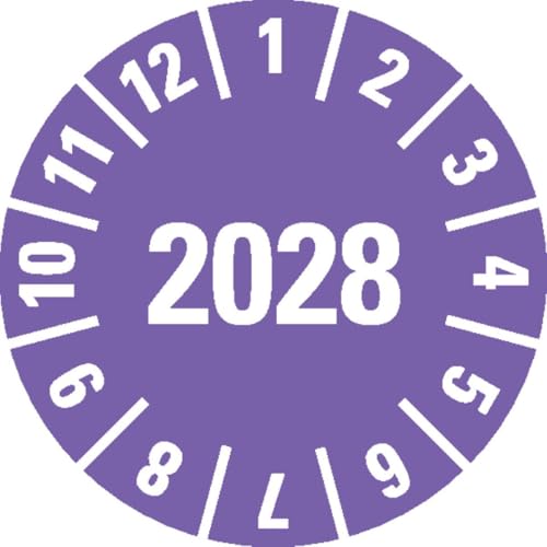 KSIGN Jahresprüfplakette 2028, violett, Ø 10 mm, Dokumentenfolie selbstklebend, 1000 Stück pro Rolle, Inneneinsatz von KSIGN