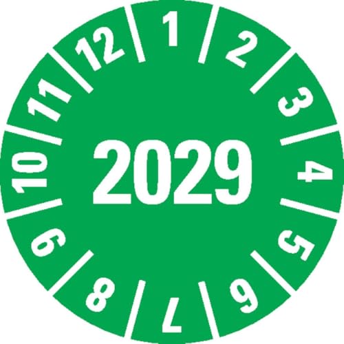 KSIGN Jahresprüfplakette 2029, Dokumentenfolie, grün, Ø 15 mm, selbstklebend, 1000 Stück je Rolle, Inneneinsatz von KSIGN