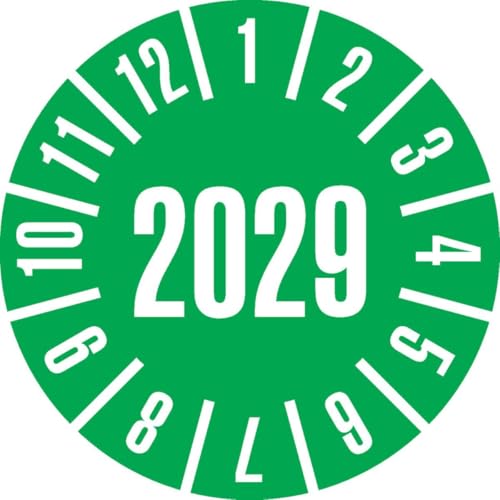 KSIGN Jahresprüfplakette 2029, grün, ablösbare Folie, Ø 25 mm, 500 Stück/Rolle, für Innen- und Außenbereich von KSIGN