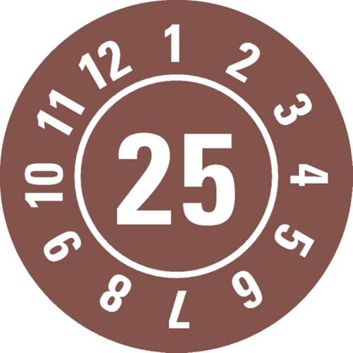 KSIGN Jahresprüfplakette 25, braun, ablösbare Folie, Ø 25 mm, 500 Stück/Rolle, für Innen- und Außeneinsatz von KSIGN