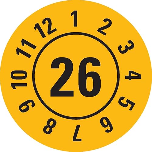 KSIGN Jahresprüfplakette 26, Dokumentenfolie, selbstklebend, gelb, Ø 25 mm, 500 Stück/Rolle von KSIGN