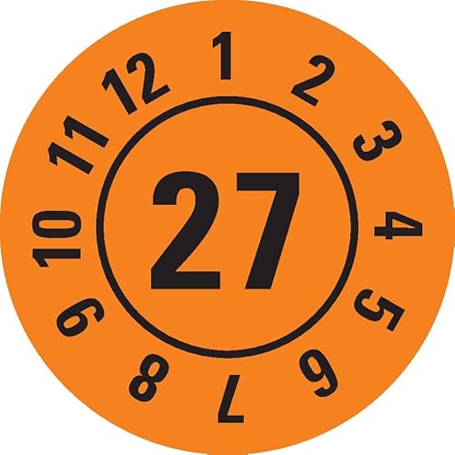 KSIGN Jahresprüfplakette 27, Dokumentenfolie, selbstklebend, orange, Ø 25 mm, 500 Stück/Rolle von KSIGN