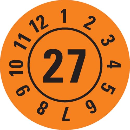 KSIGN Jahresprüfplakette 27, orange, ablösbare Folie, Ø 25 mm, 500 Stück/Rolle, für Innen- und Außeneinsatz von KSIGN