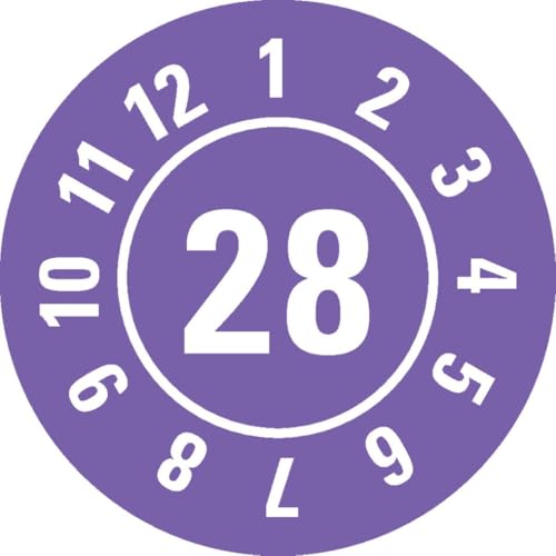 KSIGN Jahresprüfplakette 28, violett, ablösbare Folie, Ø 25 mm, 500 Stück/Rolle, für Innen- und Außeneinsatz von KSIGN