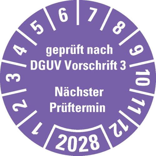 KSIGN Jahresprüfplakette Geprüft nach DGUV Vorschrift 3, violett, Ø 25 mm, Dokumentenfolie, 500 Stück je Rolle von KSIGN