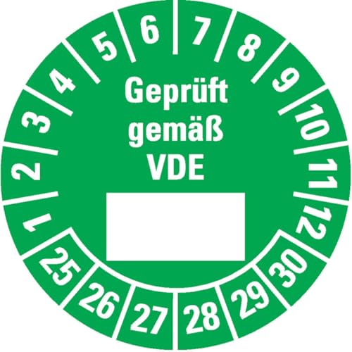 KSIGN Mehrjahresprüfplakette Geprüft gemäß VDE, Ø25 mm, grün, 500 Stück, Dokumentenfolie, Inneneinsatz von KSIGN