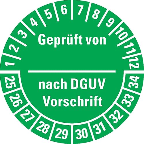 KSIGN Mehrjahresprüfplakette Geprüft nach DGUV Vorschrift 3, grün, Ø 30 mm, 25–34, 500 Stück, Dokumentenfolie von KSIGN
