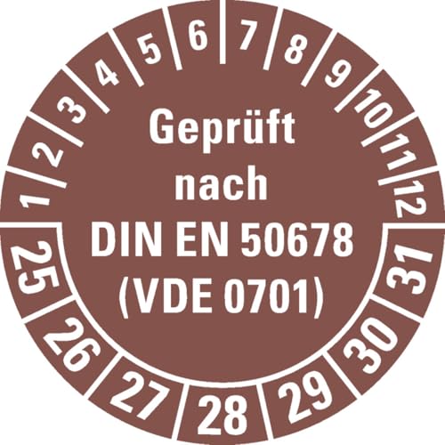 KSIGN Mehrjahresprüfplakette Geprüft nach DIN EN 50678, braun, Ø 30 mm, Dokumentenfolie, 500 Stück je Rolle KSIGN Mehrjahresprüfplakette Geprüft nach DIN EN 50678, braun, Ø 30 mm, Dokumentenfolie, 500 Stück je Rolle von KSIGN