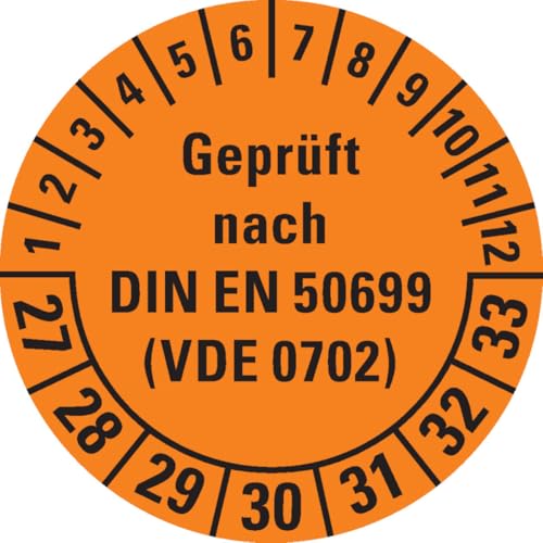 KSIGN Mehrjahresprüfplakette Geprüft nach DIN EN 50699, orange, Ø 30 mm, Dokumentenfolie, 500 Stück je Rolle KSIGN Mehrjahresprüfplakette Geprüft nach DIN EN 50699, orange, Ø 30 mm, Dokumentenfolie, 500 Stück je Rolle von KSIGN