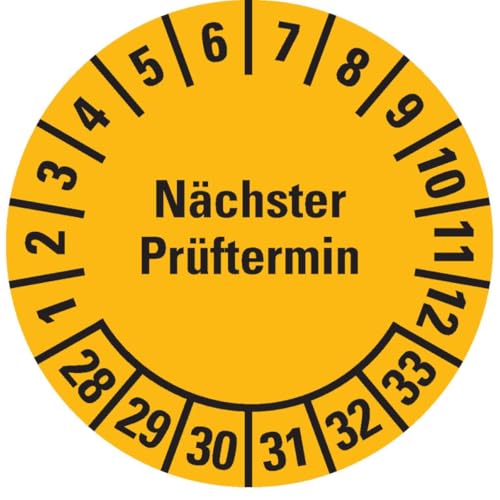 KSIGN Mehrjahresprüfplakette Nächster Prüftermin, 28–33, ablösbare Folie, gelb, Ø 20 mm, Rolle à 500 Stück von KSIGN