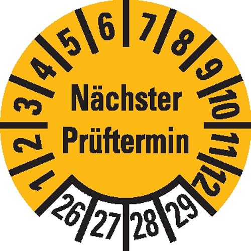 KSIGN Mehrjahresprüfplakette Nächster Prüftermin 2026–2029, gelb, ablösbare Folie, Ø10 mm, 1000 Stück/Rolle von KSIGN