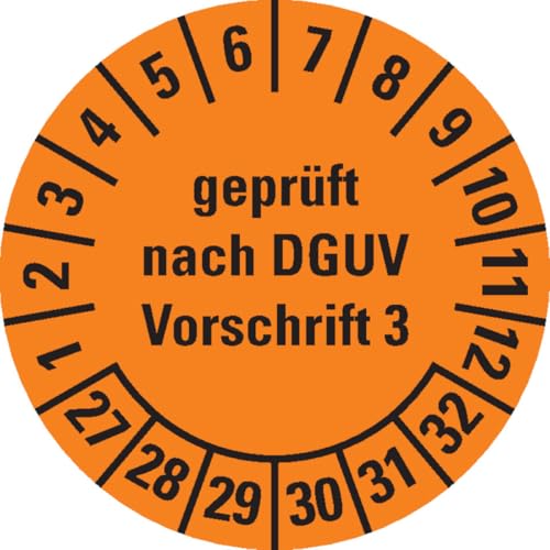 KSIGN Mehrjahresprüfplakette geprüft nach DGUV Vorschrift 3, 27-32, orange, Ø 20 mm, Folie ablösbar, 500 Stück/Rolle von KSIGN