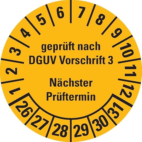 KSIGN Mehrjahresprüfplakette geprüft nach DGUV Vorschrift 3, Nächster Prüftermin 2026–2031, Ø 30 mm, 500/Rolle, gelb von KSIGN