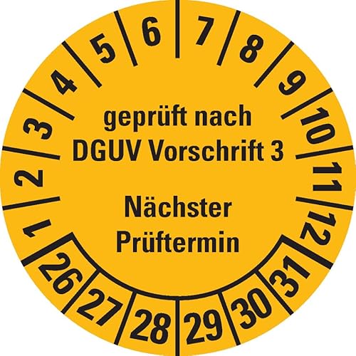KSIGN Mehrjahresprüfplakette geprüft nach DGUV Vorschrift 3, Nächster Prüftermin 2026–2031, Ø 30 mm, 500/Rolle, gelb von KSIGN