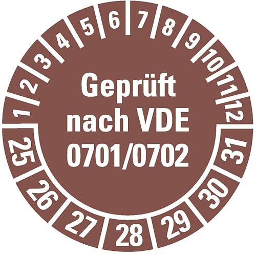 KSIGN Mehrjahresprüfplakette geprüft nach VDE 0701, Ø 30 mm, braun, Dokumentenfolie, 1 Rolle = 500 Stück von KSIGN