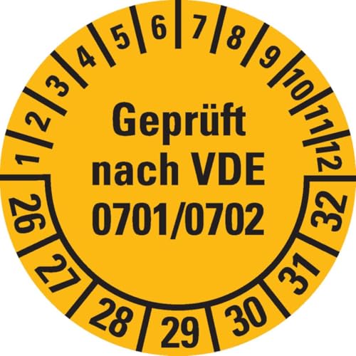 KSIGN Mehrjahresprüfplakette geprüft nach VDE 0701, Ø30 mm, gelb, 500 Stück, Dokumentenfolie, Inneneinsatz von KSIGN