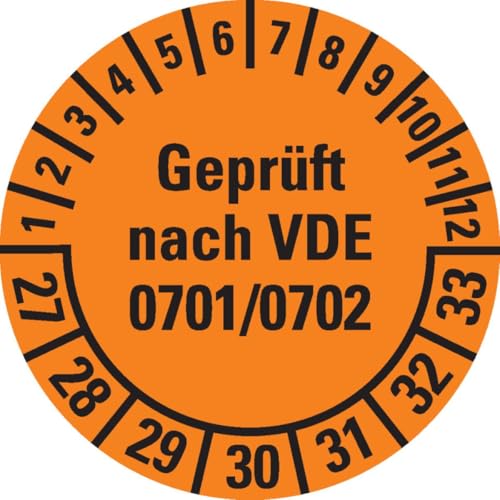 KSIGN Mehrjahresprüfplakette geprüft nach VDE 0701, Ø30 mm, orange, 500 Stück, Dokumentenfolie, Inneneinsatz von KSIGN