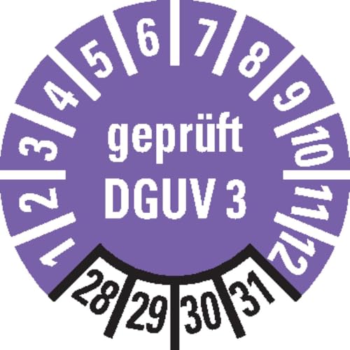 KSIGN Prüfplakette „Geprüft nach DGUV Vorschrift 3“ in Violett, Ø10 mm, ablösbar, 1000 Stück auf Rolle, Jahr 28–31 von KSIGN