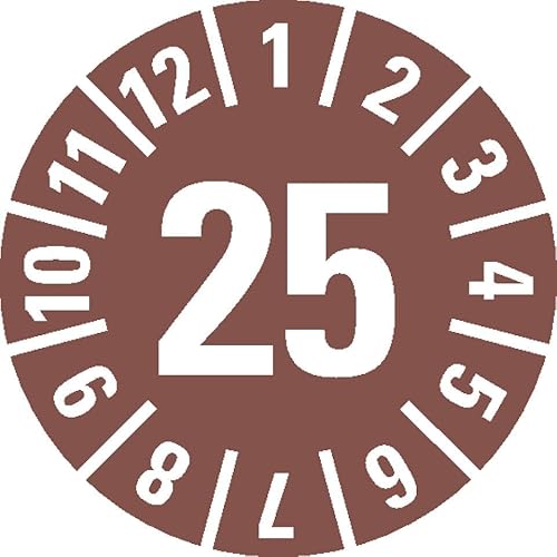KSIGN Prüfplakette 2025, braun, Folie, Ø 15 mm, ablösbar, für Innen- und Außenbereich, Rolle à 500 Stück von KSIGN