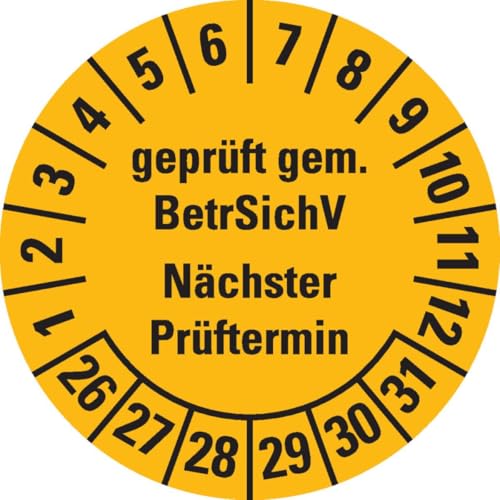 KSIGN Prüfplakette BetrSichV nächster Prüftermin, 26-31, gelb, Dokumentenfolie, Ø30mm, 18/Bogen von KSIGN
