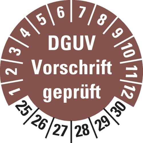 KSIGN Prüfplakette DGUV Vorschrift (ehemals UVV) geprüft, 25-30, braun,Dokumentenfolie, Ø 30mm, 18/Bogen von KSIGN