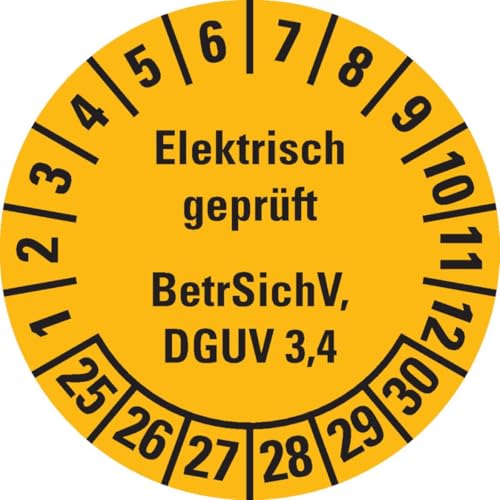 KSIGN Prüfplakette Elektrisch geprüft,BetrSichV,DGUV 3/4,25-30,gelb,Dokumentenfolie,Ø 30mm,18/Bogen KSIGN Prüfplakette Elektrisch geprüft,BetrSichV,DGUV 3/4,25-30,gelb,Dokumentenfolie,Ø 30mm,18/Bogen von KSIGN