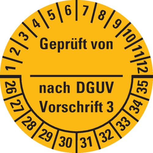 KSIGN Prüfplakette Geprüft DGUV Vorschrift 3, Jahresplakette 26–35, gelb, Ø 25 mm, 500 Stück auf Rolle, ablösbar von KSIGN