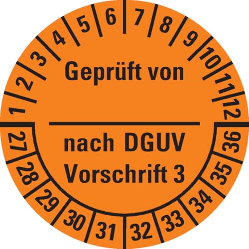 KSIGN Prüfplakette Geprüft von–nach DGUV Vorschrift 3, Ø 25 mm, orange, Dokumentenfolie, 500 Stück je Rolle von KSIGN