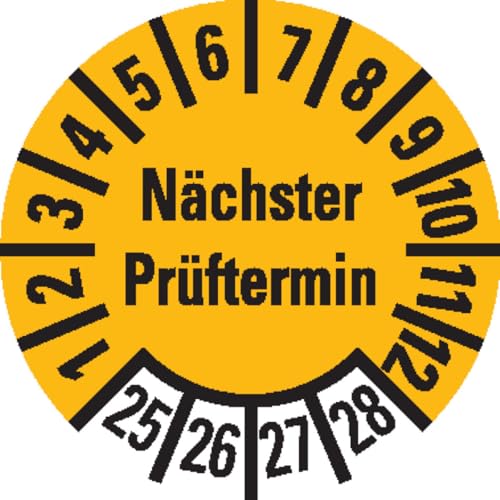 KSIGN Prüfplakette Nächster Prüftermin 2025–2028, gelb, Mehrjahresplakette, Ø 10 mm, Dokumentenfolie, 384 Stück/Heft von KSIGN