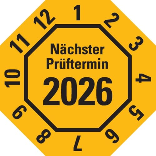 KSIGN Prüfplakette Nächster Prüftermin 2026, 8-eckig, gelb, Dokumentenfolie, 30x30mm, 18/Bogen von KSIGN