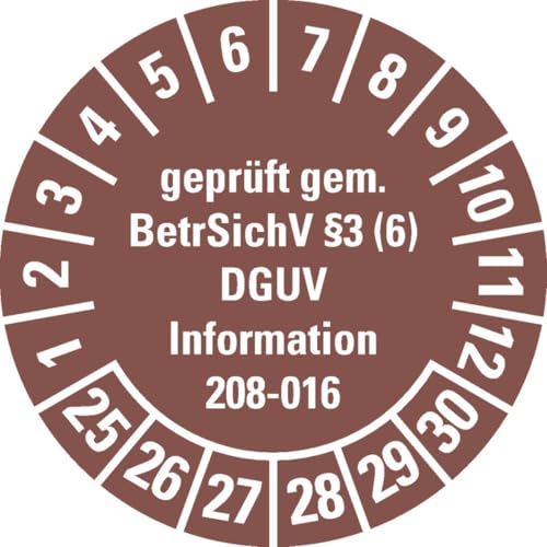 KSIGN Prüfplakette geprüft gemäß BetrSichV §3 (6), (ehemals BGV D 36),DGUV Information, 25-30, braun, Dokumentenfolie, Ø 30mm, 18/Bogen von KSIGN