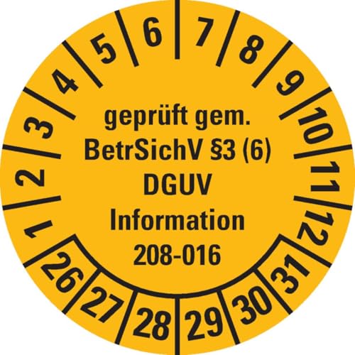 KSIGN Prüfplakette geprüft gemäß BetrSichV §3 (6), (ehemals BGV D 36),DGUV Information, 26-31, gelb, Dokumentenfolie, Ø 30mm, 18/Bogen von KSIGN