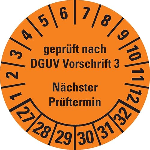 KSIGN Prüfplakette geprüft nach DGUV Vorschrift 3, Mehrjahresplakette, Ø 30 mm, orange, selbstklebend, 500 Stück/Rolle von KSIGN