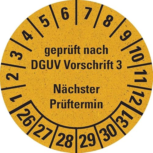 KSIGN Prüfplakette geprüft nach DGUV Vorschrift 3, Mehrjahresprüfplakette, Ø 30 mm, 500 Stück, Farbe gelb von KSIGN