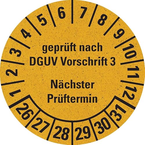 KSIGN Prüfplakette geprüft nach DGUV Vorschrift 3, Mehrjahresprüfplakette, Ø 30 mm, 500 Stück, Farbe gelb von KSIGN