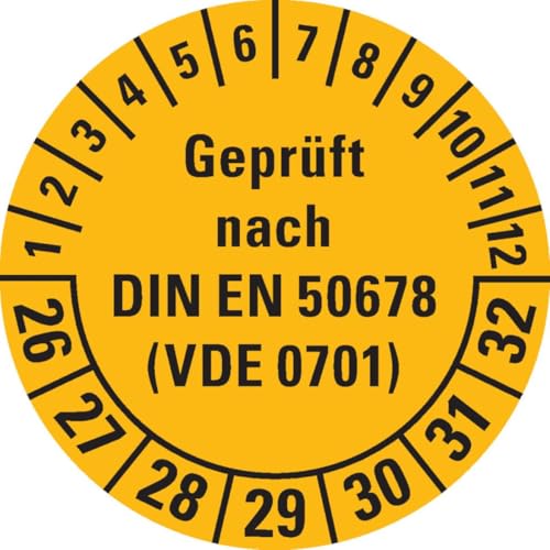 KSIGN Prüfplakette geprüft nach DIN EN 50678(VDE 0701) 26-32, gelb, Dokumentenfolie, Ø 30mm, 500/Rolle von KSIGN