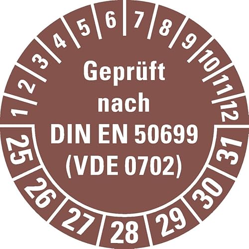 KSIGN Prüfplakette geprüft nach DIN EN 50699 (VDE 0702), Ø 30 mm, 500 Stück, braun, Dokumentenfolie, übertragungssicher von KSIGN