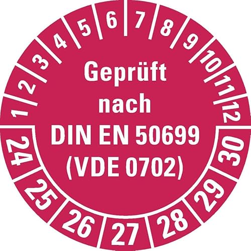 KSIGN Prüfplakette geprüft nach DIN EN 50699 (VDE 0702), Ø 30 mm, 500 Stück, rot, Dokumentenfolie, manipulationssicher von KSIGN