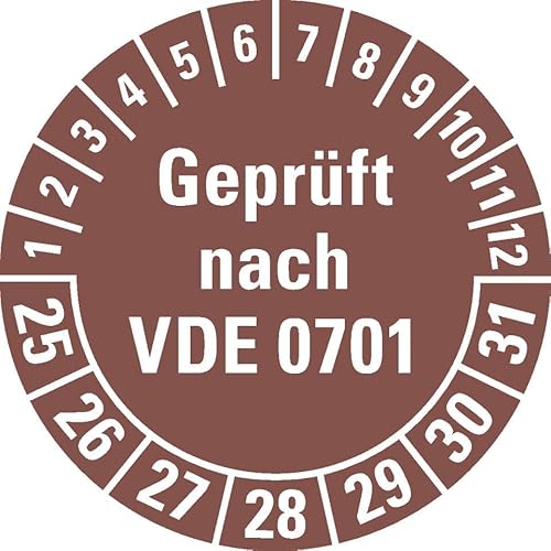 KSIGN Prüfplakette geprüft nach VDE 0701, Mehrjahres, Ø 30 mm, braun, 500 Stück, Dokumentenfolie von KSIGN