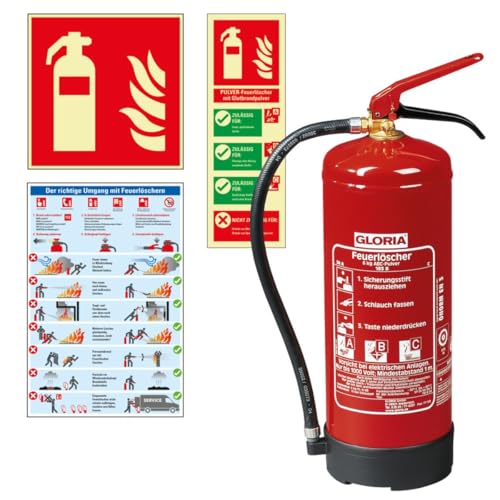 KSIGN Vorteils-Set Feuerlöscher, 4-teilig, Pulverlöscher GLORIA PD 6 GA, lang nachleuchtend, Aushänge & Symbolschilder von KSIGN